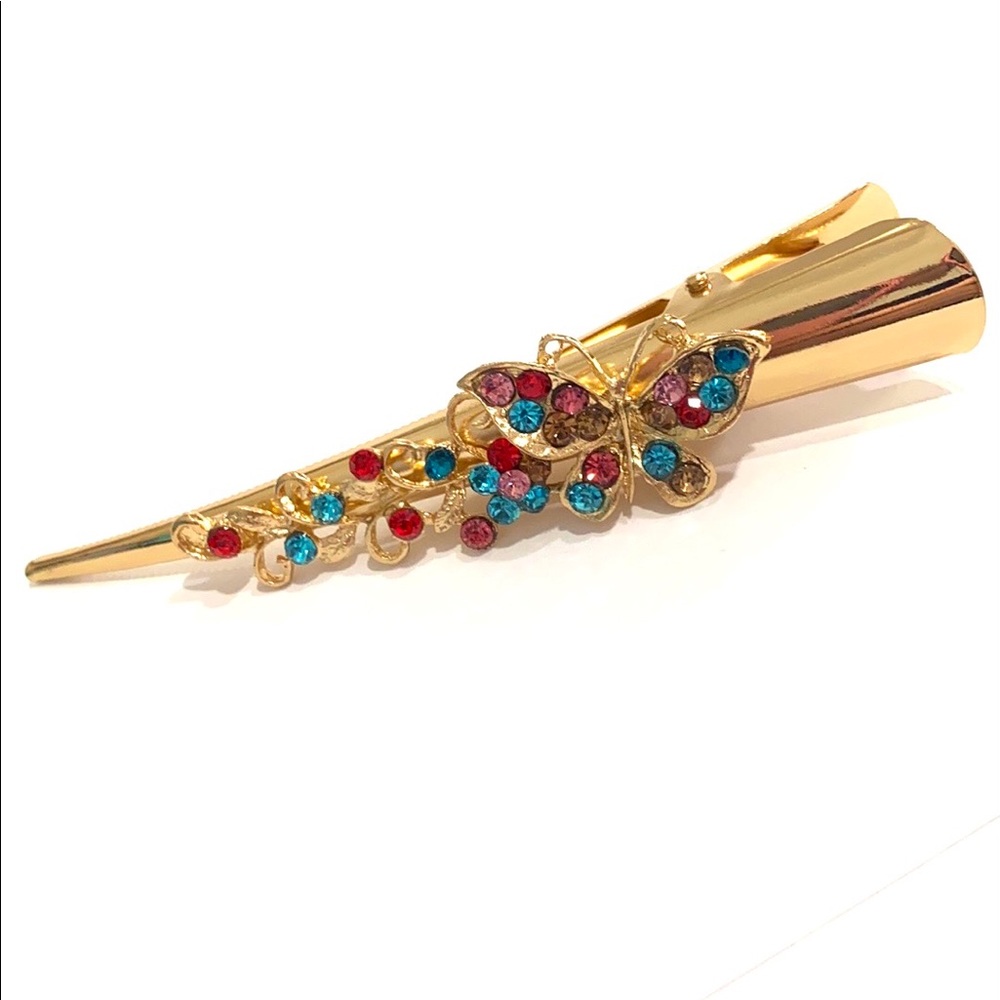 Updo Alligator Hair Clip Gold Tone multi color Butterfly 5”